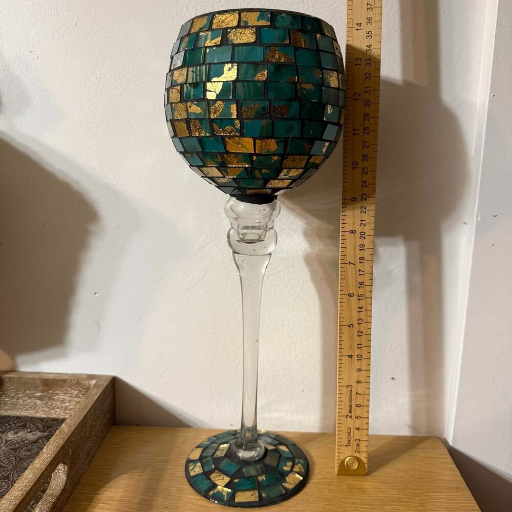 Tall turquoise and gold mosaic glass goblet candle holder 14” Tall